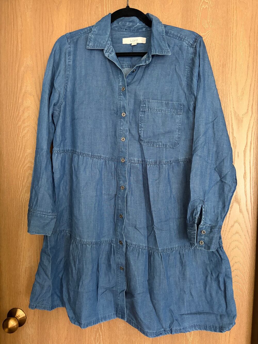 LOFT Chambray Tiered Long Sleeve Button Down Shirt Dress Petite MP